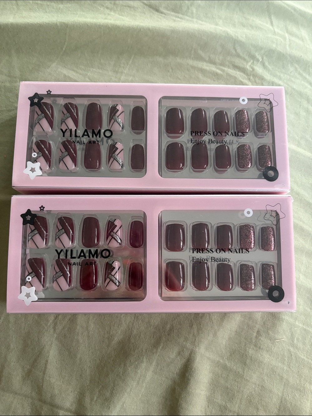 Yilamo Burgundy Press-On Nails Set - Elegant Marbled & Glitter Designs